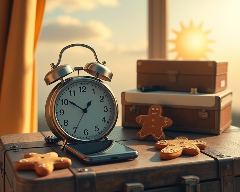 clock, suitcase, cell phone, gingerbread, sun